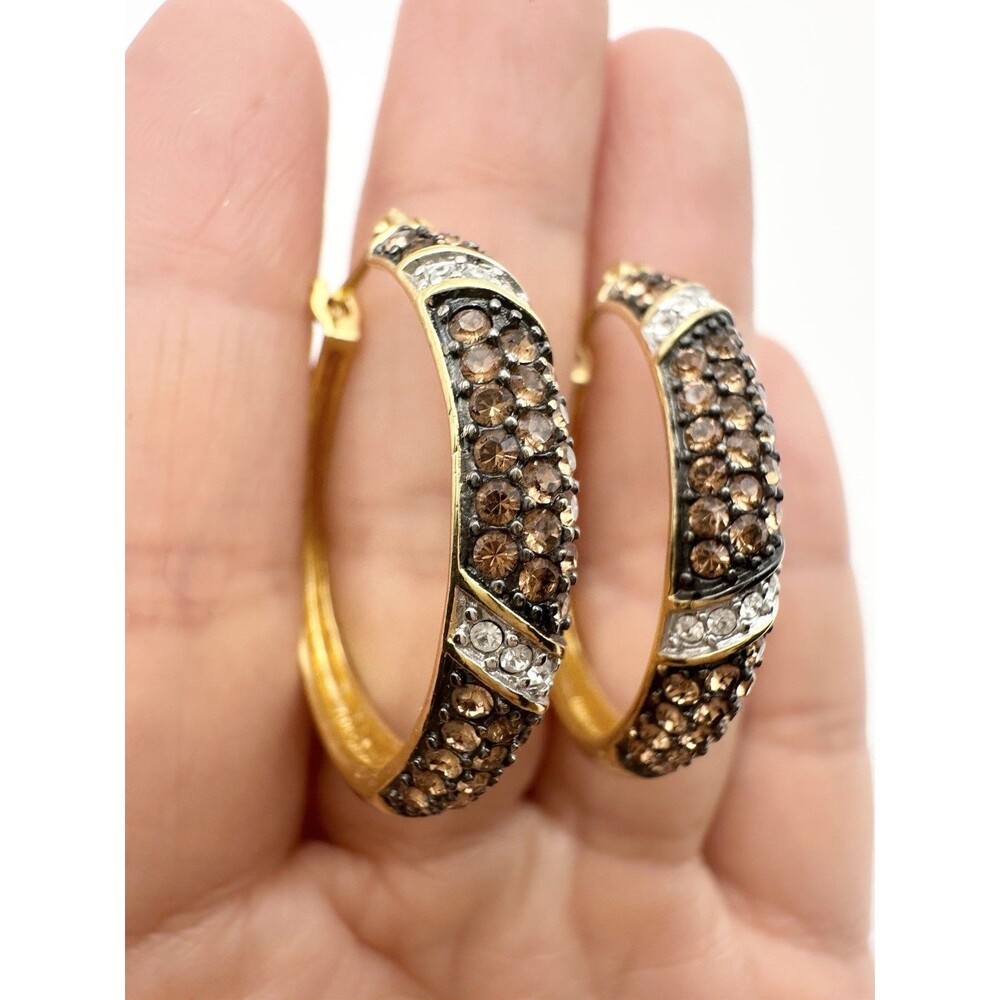 925 Sterling Silver Gold Vermeil Rhinestone Hoop Earrings